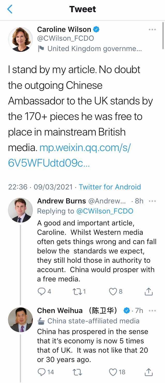 Twitter conversation between Wilson, Burns and Chen