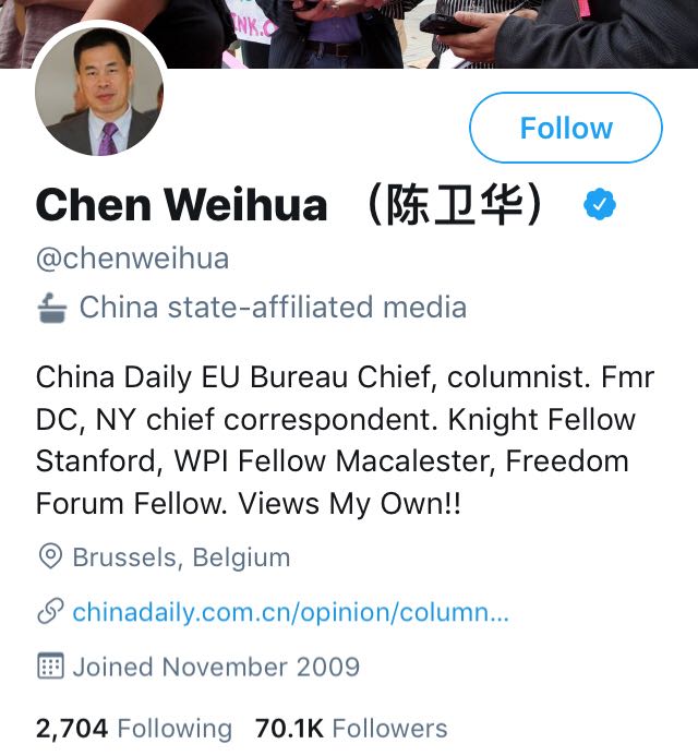 Twitter Page of China Daily EU Bureau Chief Chen Weihua